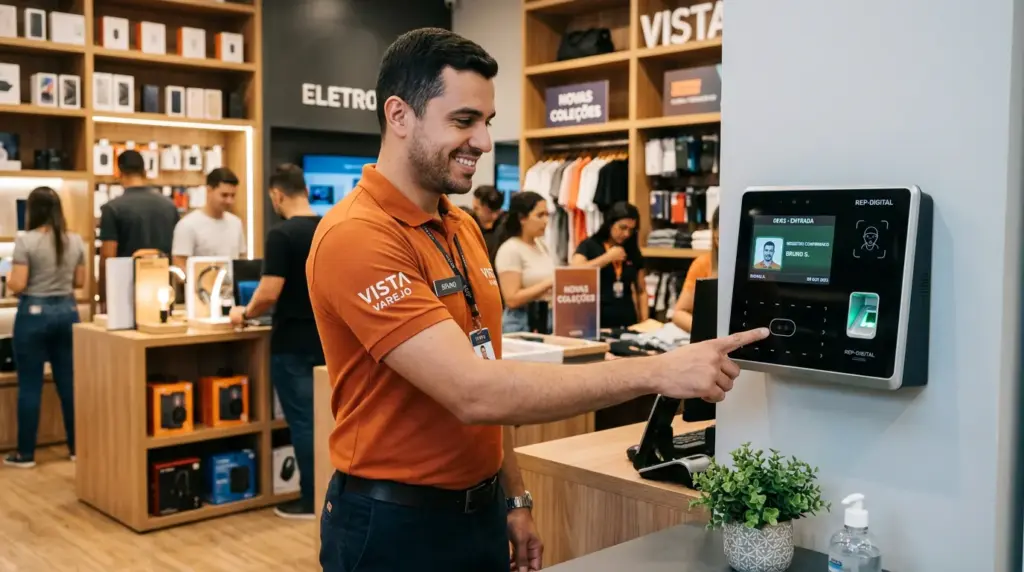 Atendente em loja de eletrônicos usando um painel digital na recepção para realizar cadastro e orientar clientes, com movimento ao fundo e ambiente corporativo.
