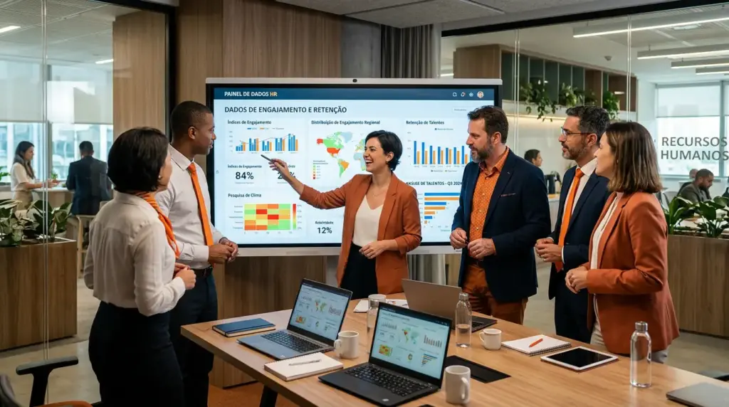 Equipe de Recursos Humanos em sala de reunião analisando painéis e gráficos de Big Data no RH, com dados de engajamento, retenção e distribuição regional em monitores e laptops.