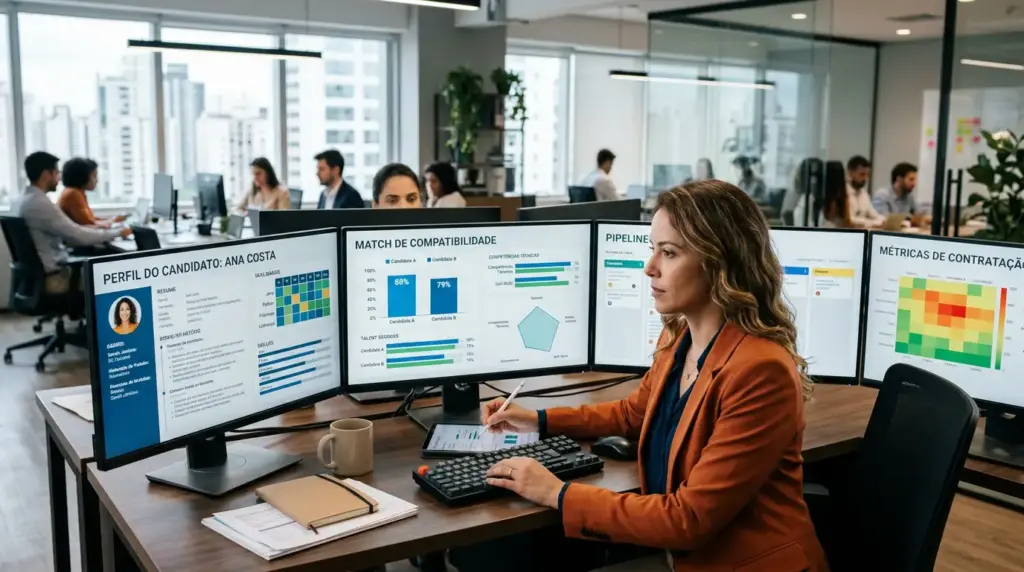 Profissional de RH analisando telas de Big Data com dashboards de candidatos, match de compatibilidade, métricas de contratação e retenção em escritório moderno.