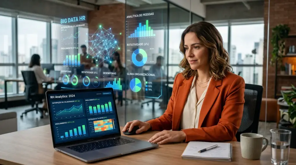 Mulher em escritório corporativo analisando um notebook com dashboards de RH, enquanto gráficos e indicadores de Big Data HR aparecem em um painel holográfico com métricas de pessoas e dados para contratação e retenção de talentos.