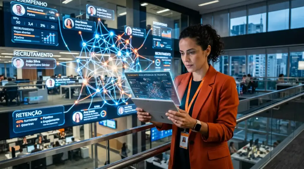 Profissional de RH em ambiente corporativo analisando um dashboard com gráficos e redes de dados sobre recrutamento, desempenho e retenção de talentos, ilustrando Big Data no RH: como usar dados para contratar e reter talentos.