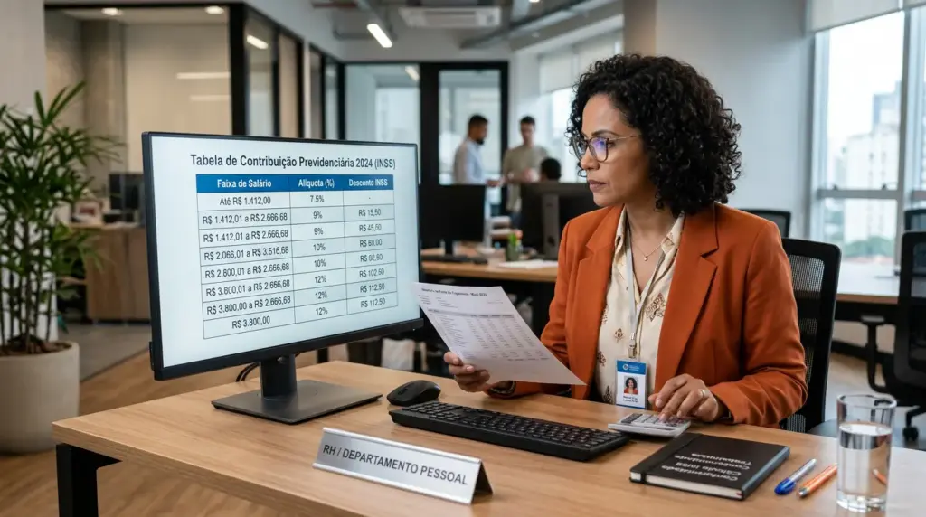 Mulher em escritório analisa uma folha de cálculo ao lado de um monitor com tabela de contribuição previdenciária do INSS, usando dados para cálculo do desconto