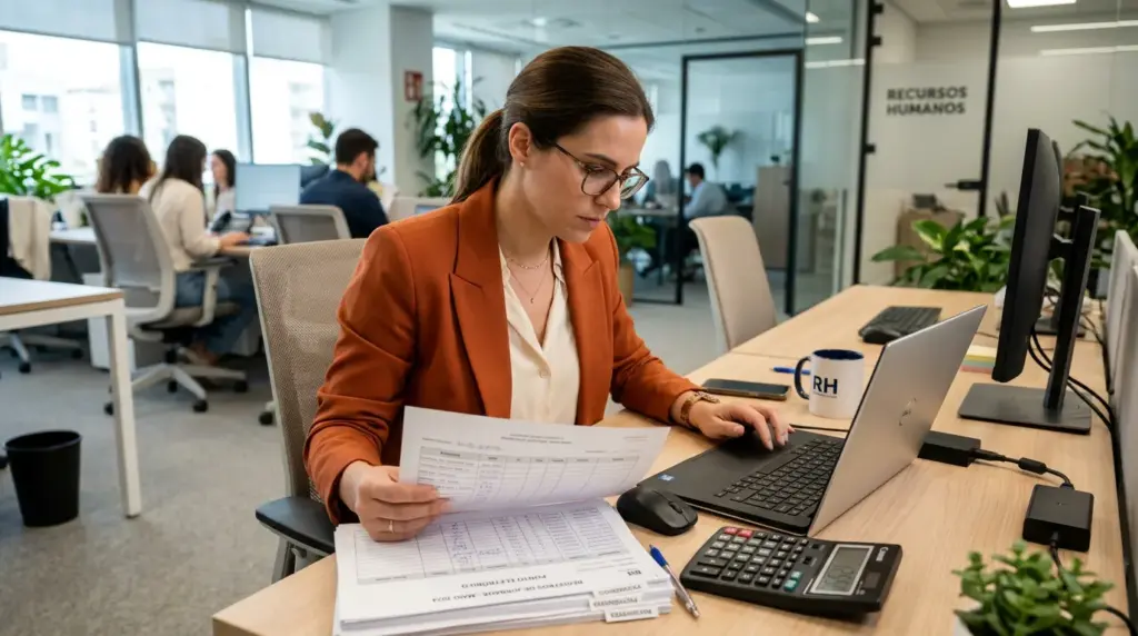 Profissional em escritório com laptop e calculadora, analisando planilha de horas trabalhadas em documentos impressos na mesa, em ambiente corporativo de RH