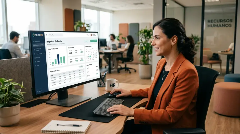Mulher em escritório de recursos humanos analisa um painel de registros de ponto em um monitor, indicando horas trabalhadas como calcular horas trabalhadas para conferência de jornada.