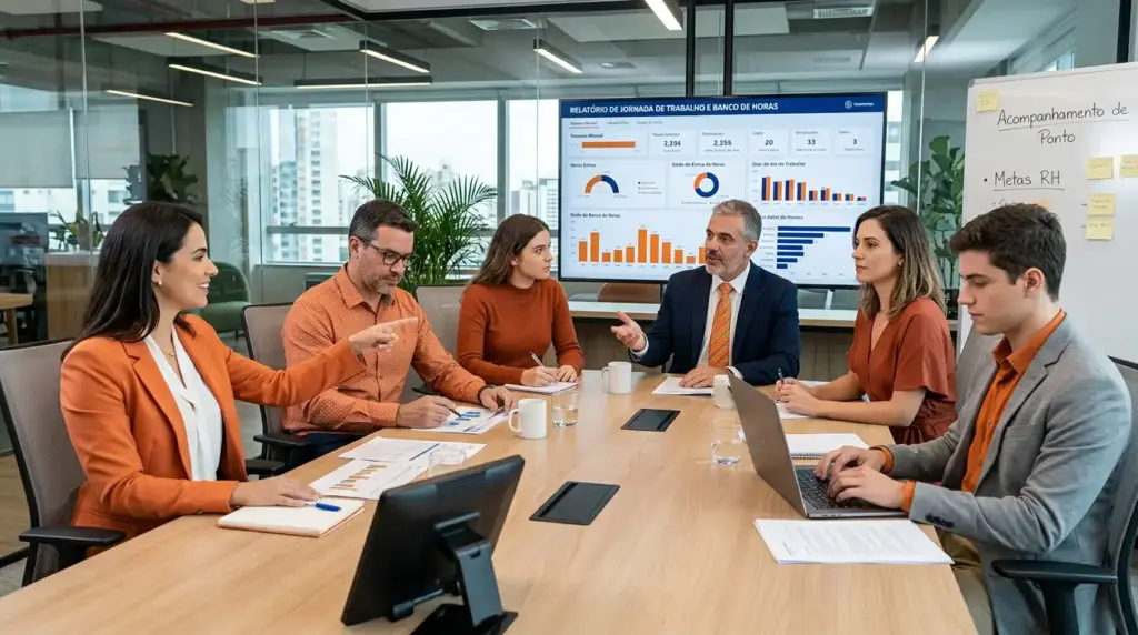 Equipe reunida em escritório com apresentação sobre relatório de jornada de trabalho e banco de horas em um telão, ajudando a calcular horas trabalhadas e acompanhar metas de RH.