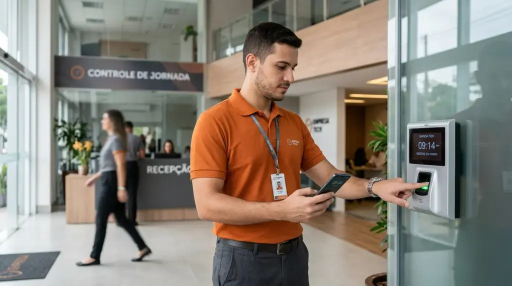 Pessoa usando um relógio de ponto biométrico para registrar entrada e saída no controle de jornada; tela mostra tempo de trabalho, útil para como calcular horas trabalhadas.