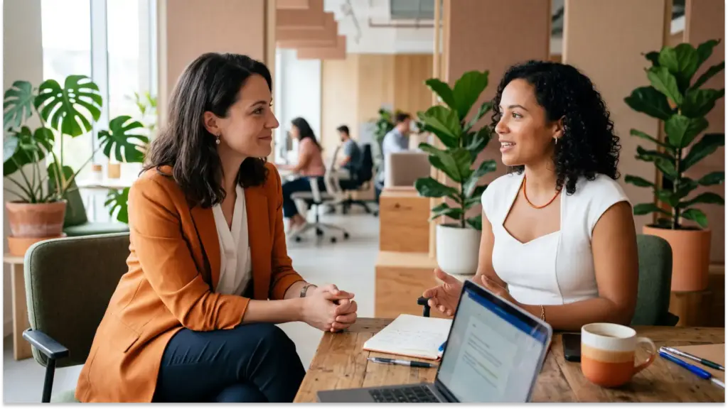 duas mulheres reuniao escritorio moderno plants mesa notebook O que é soft skills, importância e exemplos