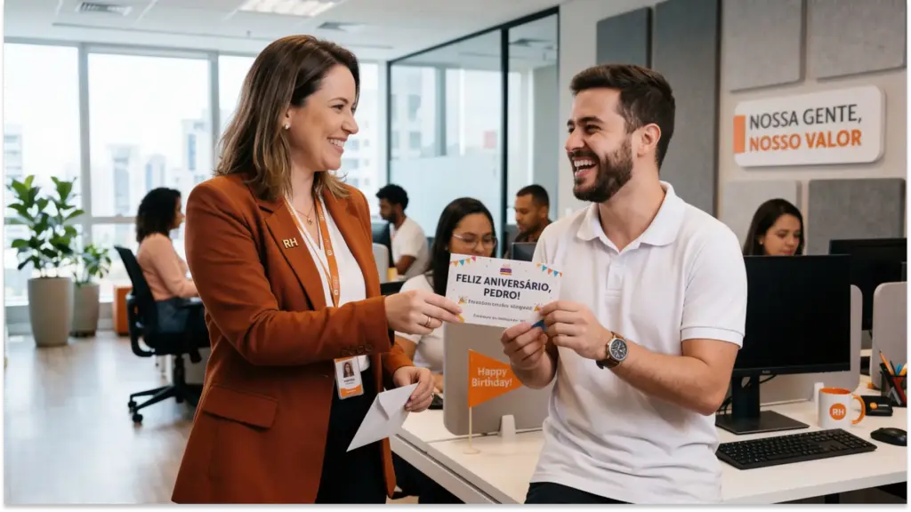 Mulher de blazer marrom com crachá de empresa entrega um cartão de aniversário em escritório enquanto um homem sorri e segura o presente; colegas ao fundo, ambiente corporativo.