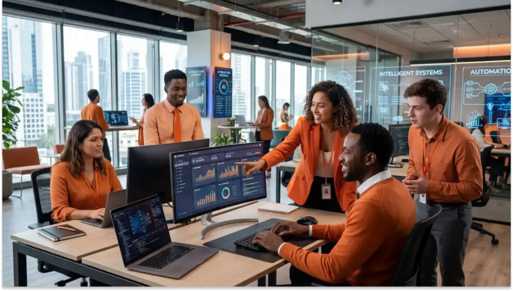 Equipe de profissionais  em pesquisa em um escritório corporativo analisa dados e impactos em telas de computador, com pessoas de camisa laranja e painéis de tecnologia e automação ao fundo. Ambiente de trabalho colaborativo.