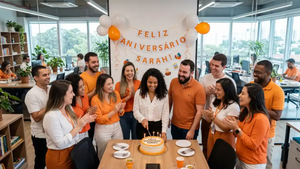 equipe comemorando aniversario de sarah no escritorio com baloes e bolo Day off de aniversário: o que é e como funciona