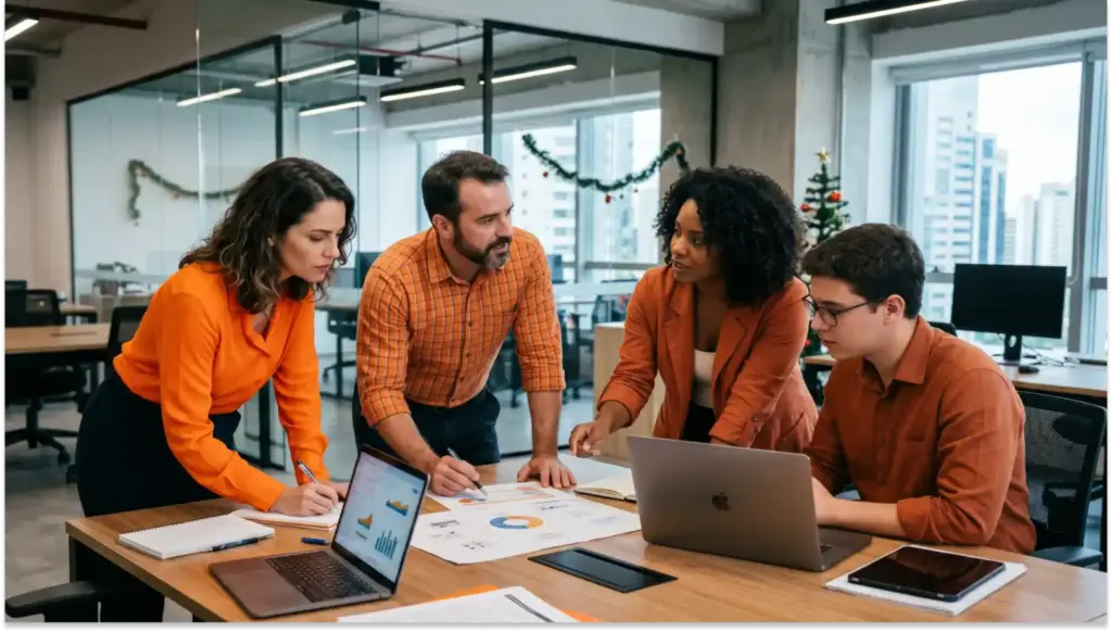 Equipe diversa em uma sala de escritório moderna analisando gráficos e relatórios de feriado em um projeto, usando laptops e tablets durante reunião colaborativa.