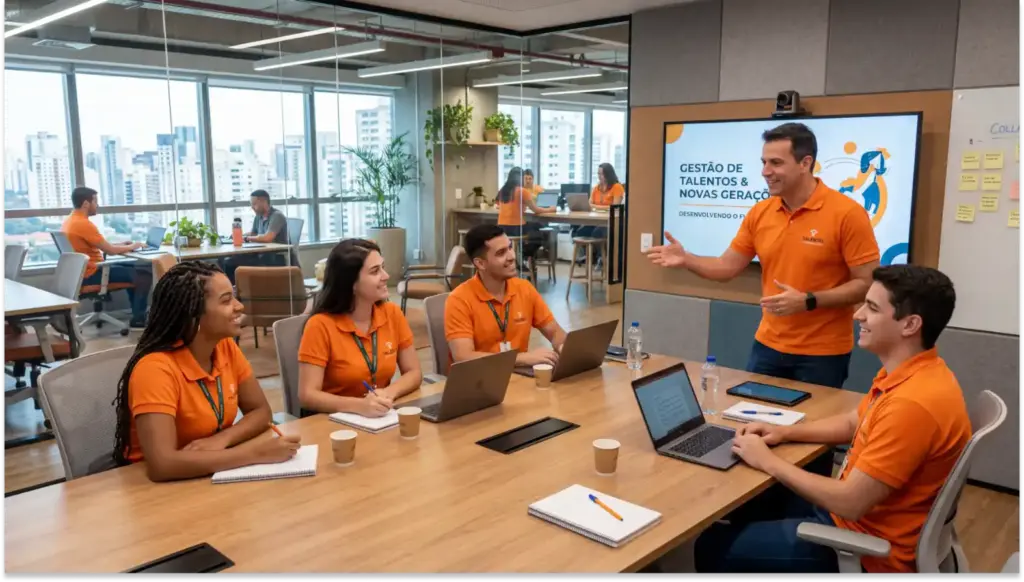 Equipe em sala de reuniões com janelas amplas, computadores e café, durante apresentação com slide de gestão de talentos e treinamento de novas gerações.