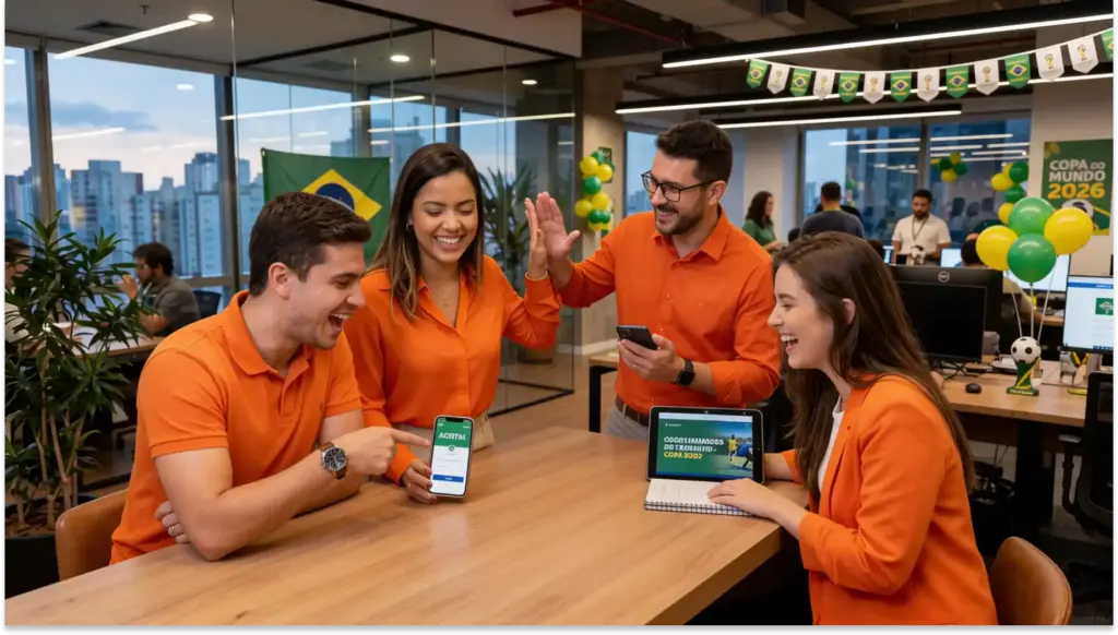 Equipe de jovens em ambiente corporativo com bandeira do Brasil e decoração da Copa do Mundo 2026, usando celulares e sorrindo durante confraternização no escritório
