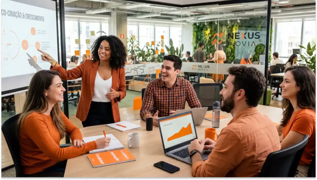 Equipe reunida em sala de coworking para brainstorming e apresentação de resultados, com pessoas sorrindo ao redor de uma mesa e gráficos em tela de notebook; backdrop com banner “Nexus Inovação”.