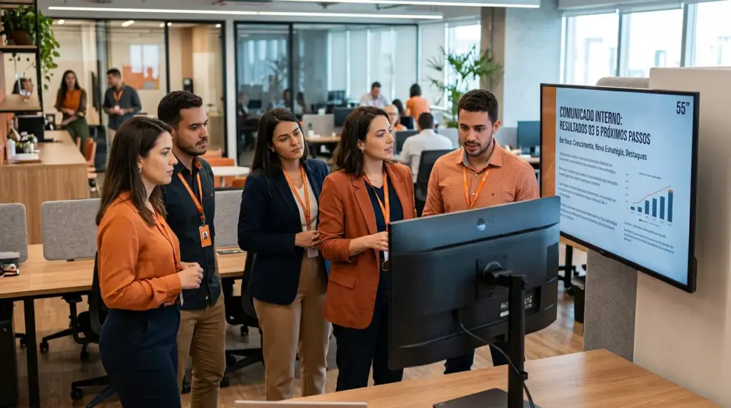 Equipe em escritório moderno analisando um painel com o texto “Comunicado Interno” e gráficos em um monitor, em uma reunião de trabalho e alinhamento de próximos passos, com crachás e postura colaborativa.