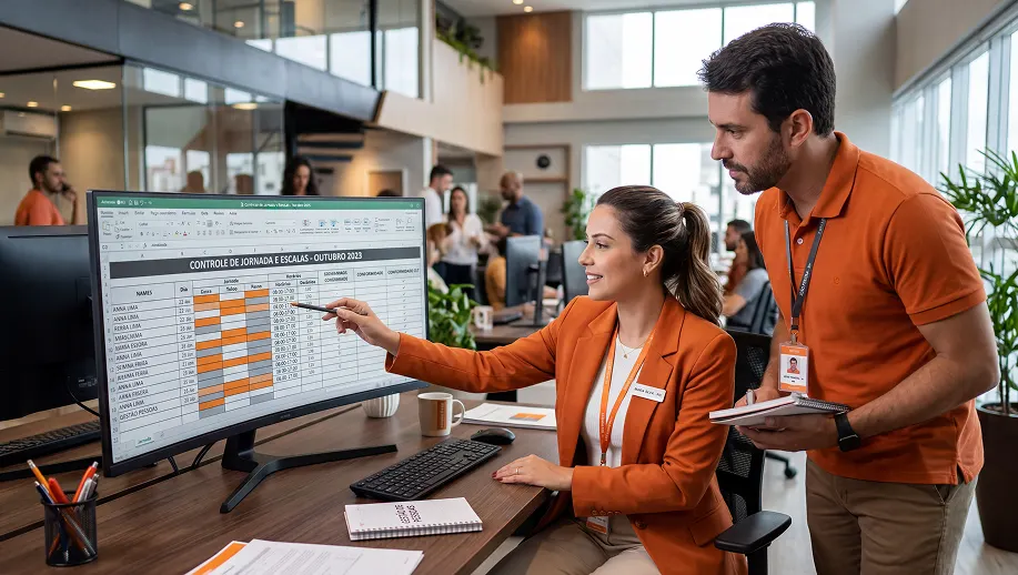 Equipe em reunião corporativa apresentando um painel de controle de jornada e escala em um monitor, com dois profissionais uniformizados apontando para a planilha em conferência no escritório.
