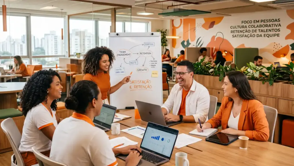 Equipe em reunião em escritório moderno, com pessoas ao redor de uma mesa e uma apresentação em quadro branco sobre satisfação e retenção de talentos, ao fundo com banner cultural.