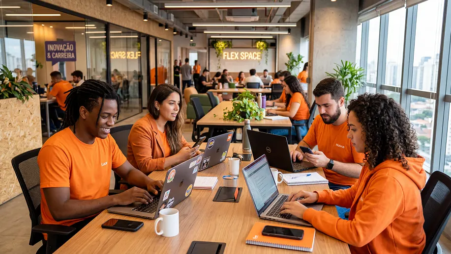 Equipe de profissionais em coworking moderno usando notebooks e celulares em mesa de trabalho, com escritório aberto ao fundo e pessoas em reunião, clima de inovação.
