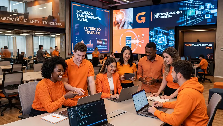 equipe trabalhando em grupo com notebooks e teloes de transformacao digital 1 Geração Z no trabalho: quem são e o que o RH precisa saber