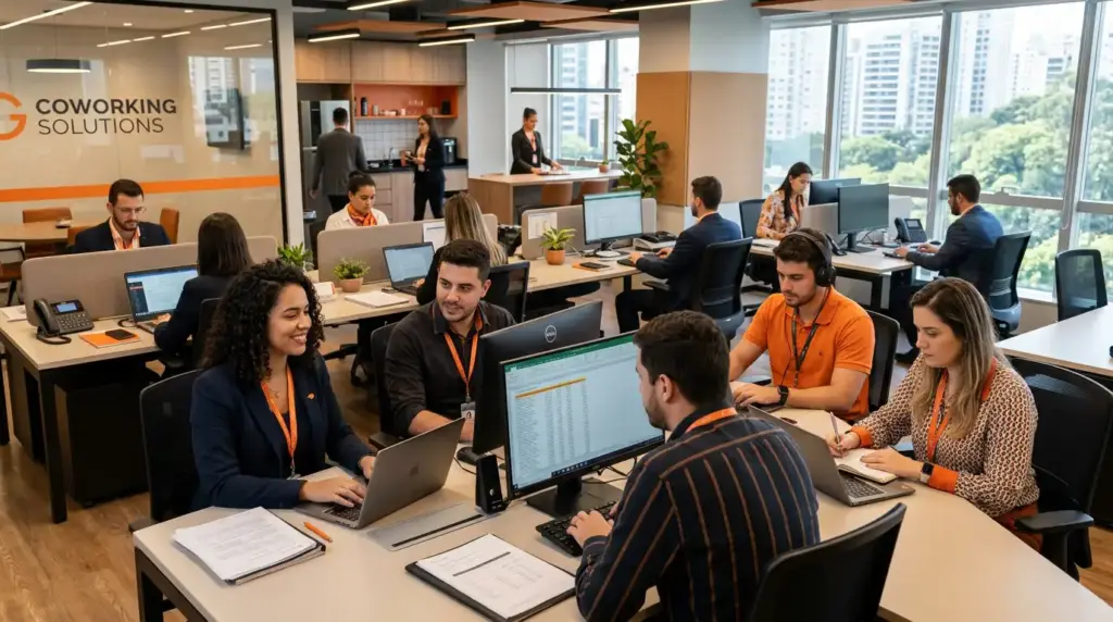 Equipe trabalhando em um escritório colaborativo, com pessoas em mesas utilizando computadores e um ambiente de coworking, ideal para ilustrar gestão de RH e DP e orientações sobre horário comercial.