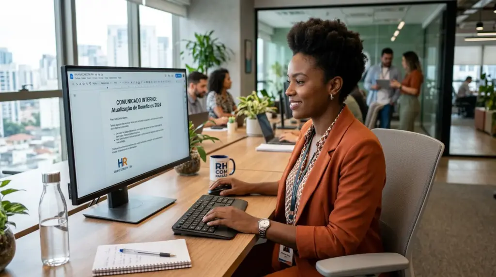 Mulher no escritório usando um computador com um documento na tela intitulado “COMUNICADO INTERNO” e “Atualização de Benefícios 2024”, sugerindo exemplos de comunicado interno para empresas.