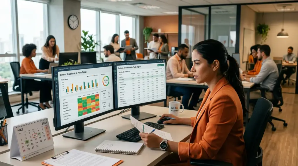 Equipe de RH e DP em escritório com computadores e planilhas de controle, uma profissional analisando dados em monitores e calendário sobre a mesa, guiando processos.