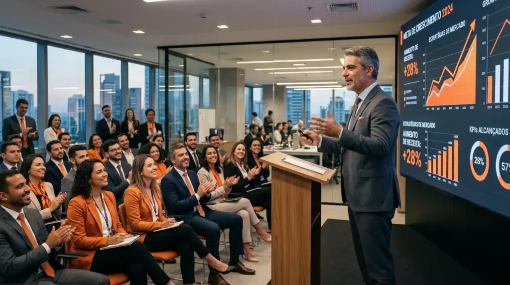 Líder apresentando em reunião corporativa com equipe ao redor de uma mesa, apontando dados em um painel de gráficos e indicadores, contexto de liderança, tipos, pilares e dicas práticas