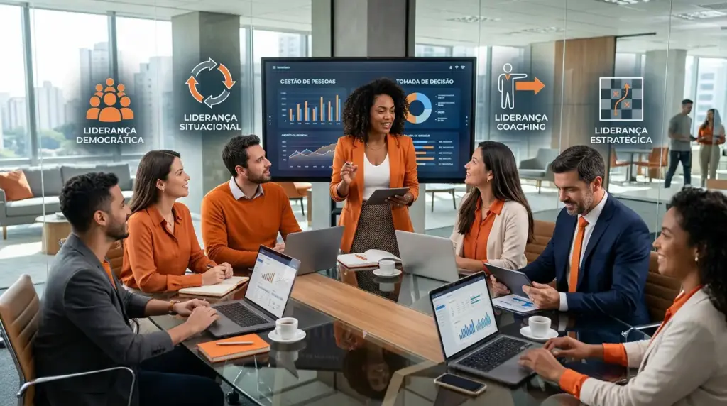 Reunião em escritório moderno com equipe em volta de uma mesa, discutindo liderança: tipos, pilares e dicas práticas, enquanto uma palestrante aponta para gráficos em um painel digital.
