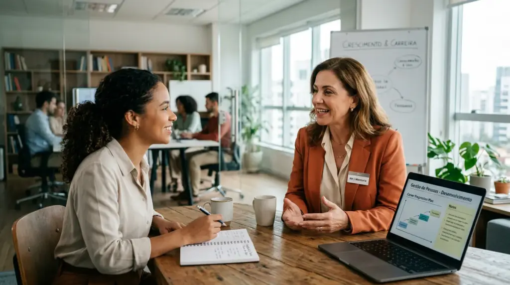 Duas pessoas conversam em uma sala de reunião moderna, com uma apresentação aberta em um notebook sobre gestão de pessoas e desenvolvimento, representando liderança: tipos, pilares e dicas práticas.