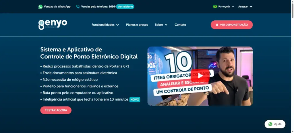Página do sistema Genyo de controle de ponto eletrônico digital com chamadas de funcionalidades, lista de benefícios e botão “Ver demonstração”, além de vídeo com destaque “10 itens obrigatórios”.