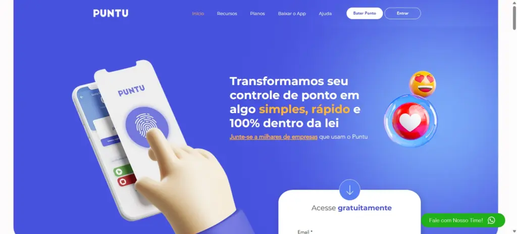 Página de site da PUNTO com chamada para transformar o controle de ponto em algo simples e rápido, mostrando celular com autenticação por biometria e botão “Acesse gratuitamente”.