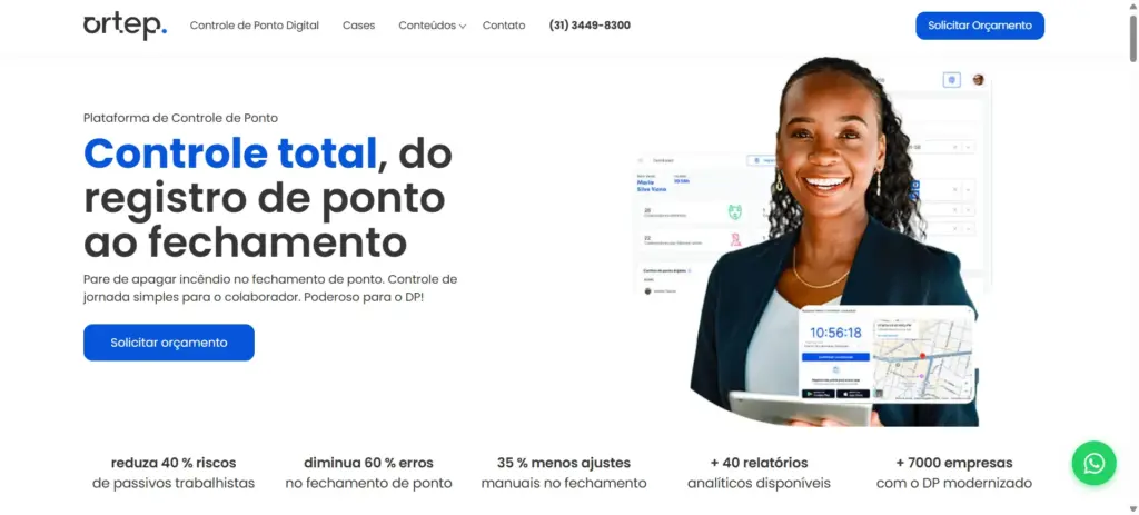Página promocional da ORTEP para sistemas de controle de ponto eletrônico, com destaque para “Controle total do registro de ponto ao fechamento” e benefícios como relatórios e análises. Mulher sorridente ao lado de interface de registro de ponto.