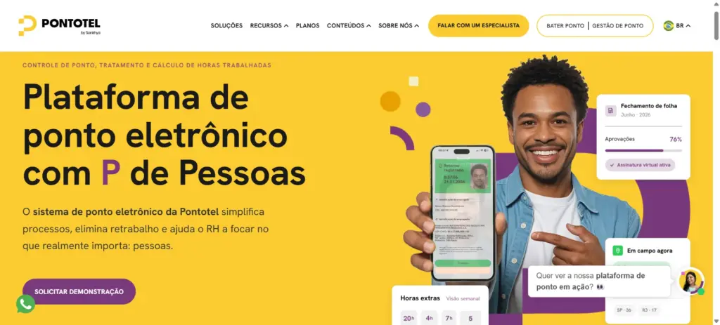 Página de divulgação do sistema de ponto eletrônico da Pontotel com destaque para plataforma de controle de ponto, cálculo de horas e recursos para gestão de funcionários, exibindo celular e gráficos.