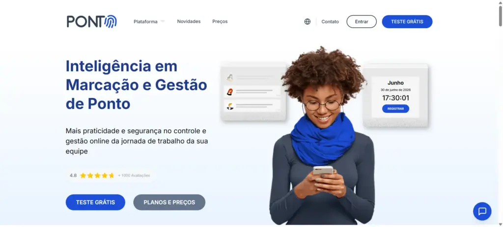Tela de site da PONI com a frase “Inteligência em Marcação e Gestão de Ponto”, destacando controle e gestão de ponto eletrônico, com botão “Teste Grátis” e elementos de marcação de jornada.