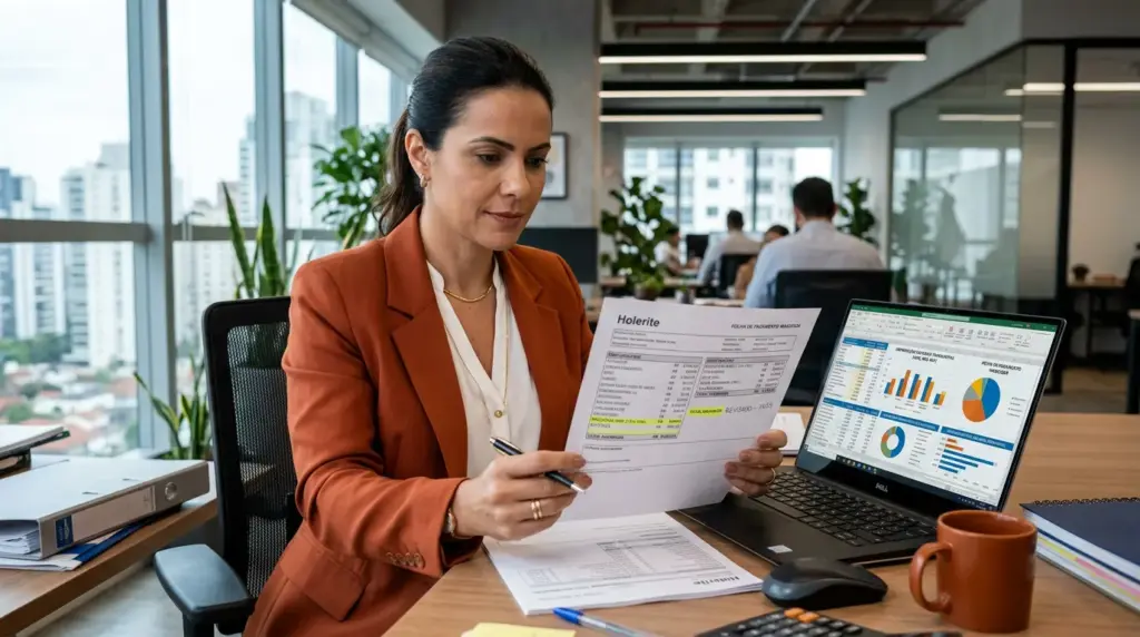Mulher em escritório analisa uma folha de holerite e compara dados em laptop com gráficos, usando informações para calcular INSS de forma correta.