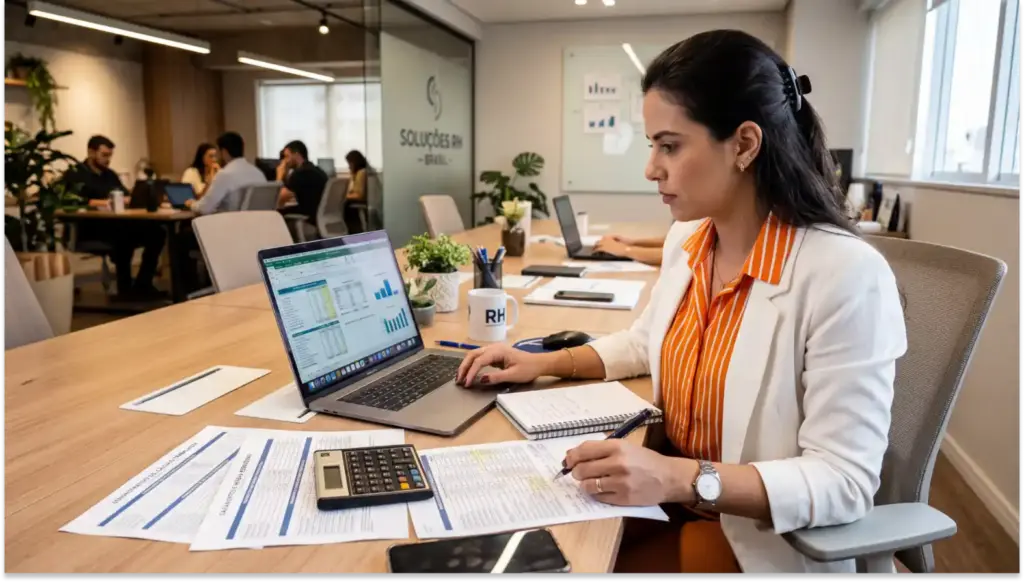 Profissional em escritório corporativo com laptop exibindo aviso prévio gráficos, analisando planilhas e documentos sobre mesa, com calculadora e caneca RH ao lado.