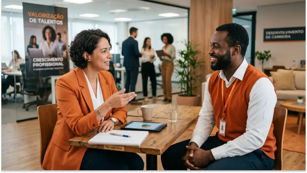Reunião de coaching em escritório: mulher e homem de coletes corporativos conversam à mesa com documentos, tablet e copos. Painéis ao fundo indicam valorização de talentos e crescimento profissional.