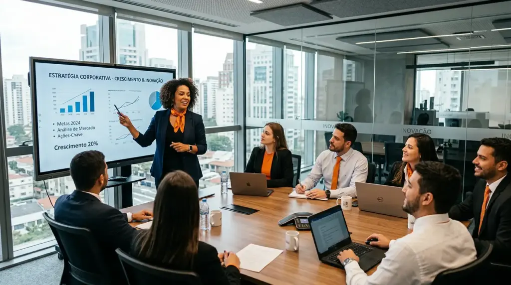 Reunião de liderança em sala corporativa moderna: uma gestora apresenta em um telão um plano com gráfico e metas, enquanto a equipe se reúne à mesa com notebooks e anotações, transmitindo estratégias e inovação.