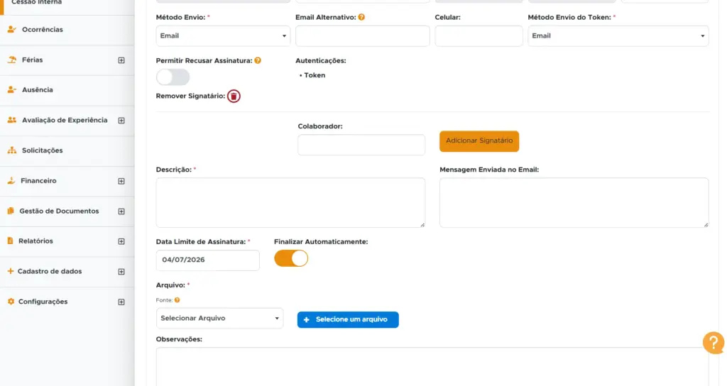 Tela de formulário de assinatura eletrônica com campos de e-mail alternativo, celular, autenticação por token, colaborador e descrição, além de data limite e opções de finalização automática.