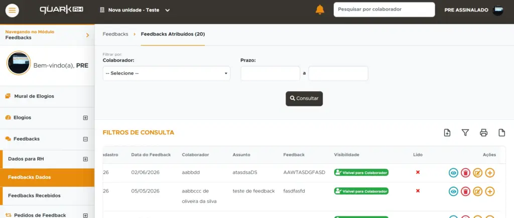 Tela do sistema QuarkRH com módulo de Feedbacks: formulário de consulta e filtros com campos para colaborador, prazo e feedback, além de lista com data, assunto e visibilidade.