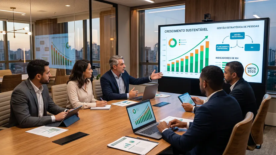 aviso prévio trabalhado: Equipe em reunião corporativa em sala moderna, discutindo apresentações de indicadores e crescimento sustentável em um telão, com gráficos e planejamento estratégico na mesa