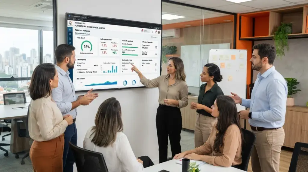 Equipe em reunião em escritório, apontando para um monitor com gráficos e indicadores de desempenho enquanto discute um plano de ação