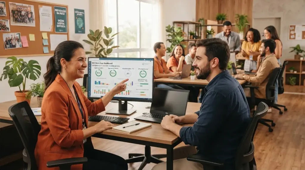 Equipe em sala de reuniões com tela de computador mostrando gráficos e indicadores de desempenho, enquanto uma pessoa apresenta informações para colegas.
