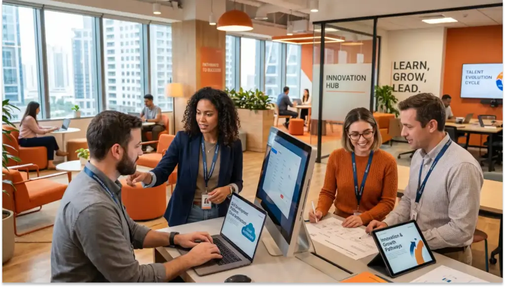 Upskilling e Reskilling: Equipe trabalhando em escritório moderno com três pessoas colaborando ao redor de monitores e tablets, enquanto painéis ao fundo destacam Innovation Hub e Learn, Grow, Lead.