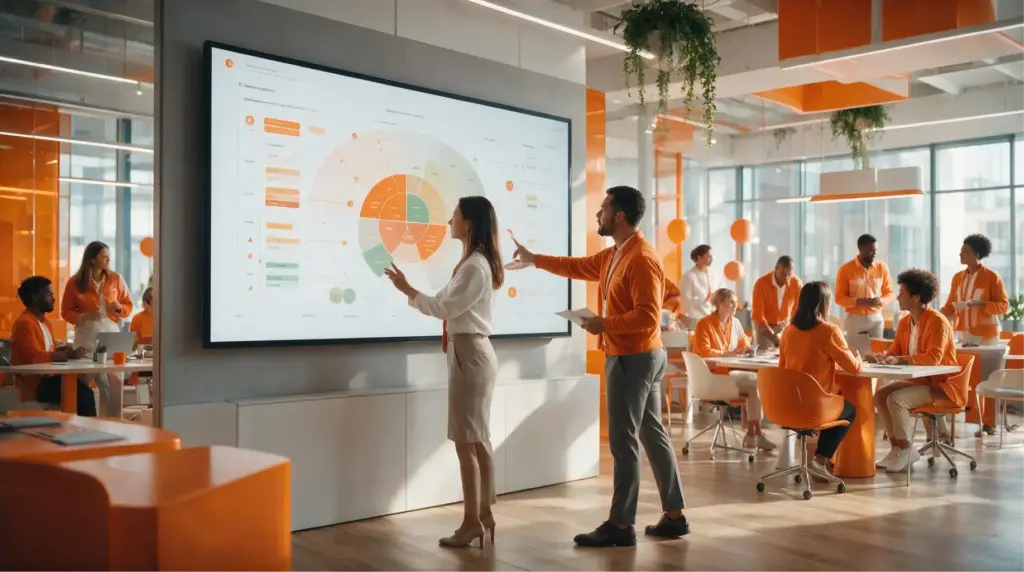 Equipe em sala de treinamento analisa uma tela com gráficos e painel corporativo, enquanto profissionais apresentam uma Matriz de competências e discutem resultados em ambiente moderno