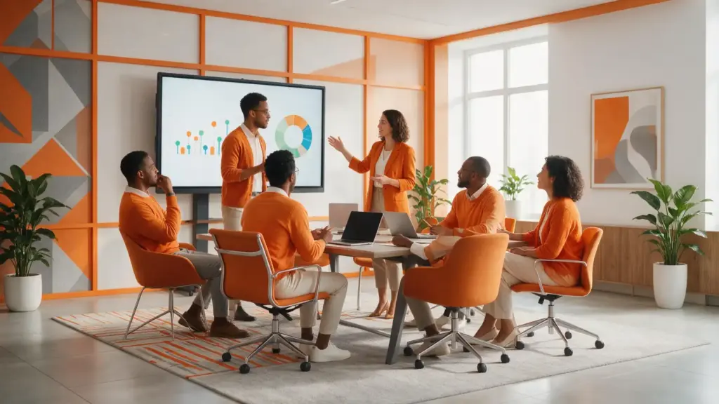 Equipe reunida em sala de treinamento com profissional apresentando dados em um telão e outras pessoas discutindo em volta de uma mesa, em um ambiente corporativo moderno. Matriz de competências.