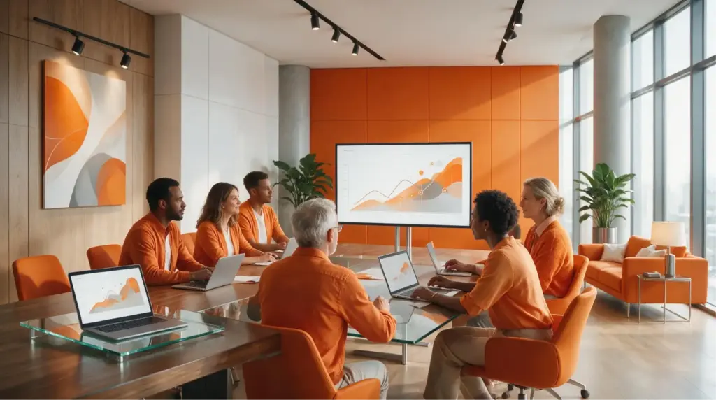 Matriz de competências: Reunião em sala corporativa com equipe colaborando ao redor de uma mesa, projetando um gráfico em um painel durante um workshop, com ambiente moderno e janelas amplas.