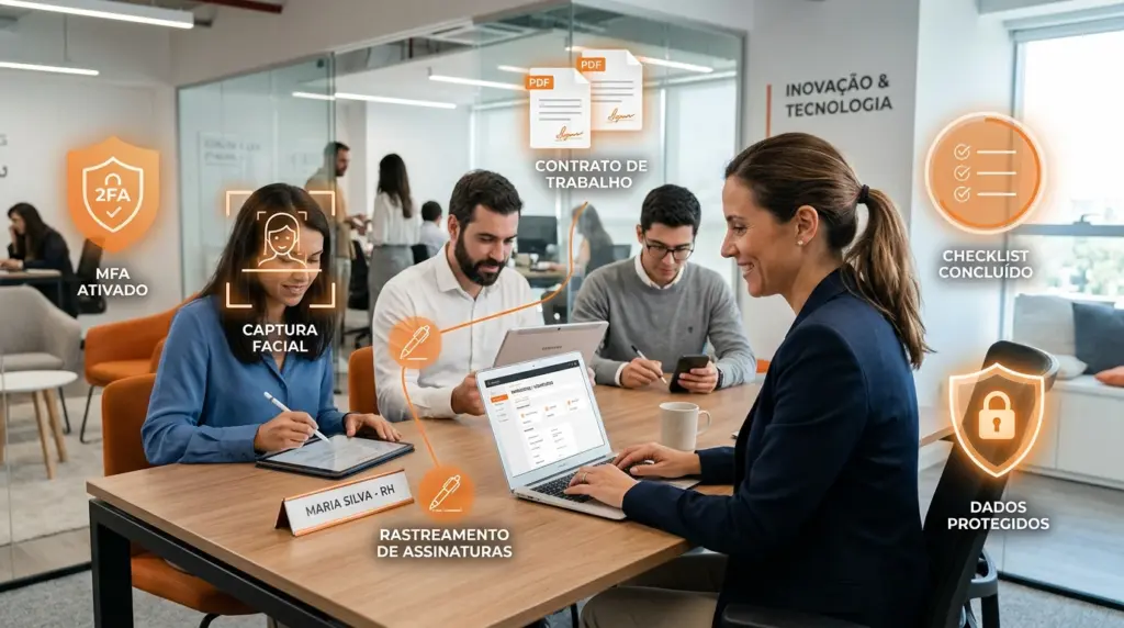Equipe em escritório colaborando enquanto analisa contratos em um tablet e notebook, com ícones de segurança, checklists e rastreamento de assinaturas, tema de melhores softwares de assinatura eletrônica
