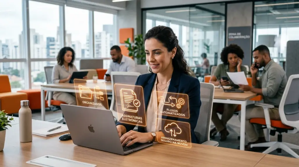 Profissional em escritório usando laptop com interface de assinatura eletrônica holográfica e ícones de processos, organização e segurança, em ambiente corporativo com equipe ao fundo. melhores softwares de assinatura eletrônica