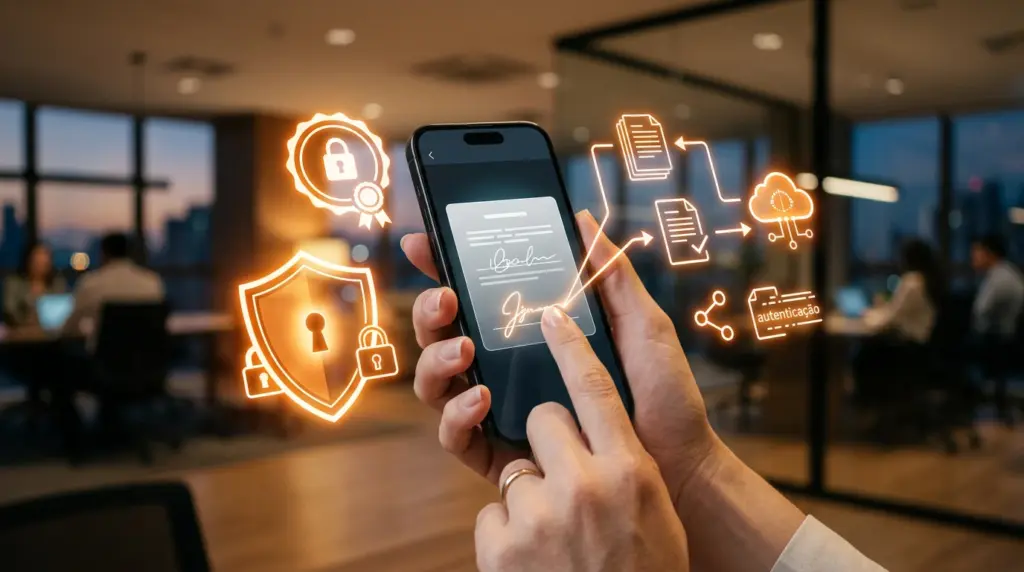 melhores softwares de assinatura eletrônica: Mão usando smartphone com tela de assinatura digital e ícones de segurança, autenticação e documentos em ambiente corporativo, representando fluxos de assinatura eletrônica.
